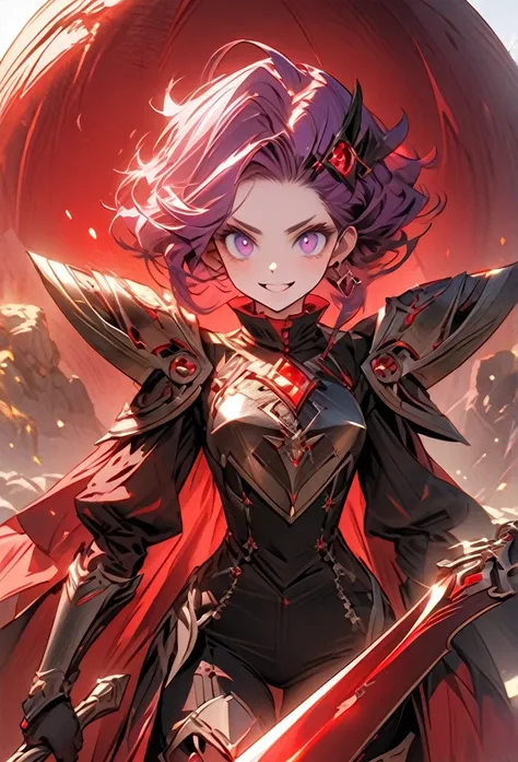 Zera is 3, Appearance: Adult woman with delicate features, skin fair, deep violet eyes, long purple hair with soft wavy highlights, confident expression.
- **Clothing and Armor**:
  - Long sleeve black leather shirt - High collar red vest topped with a stu...