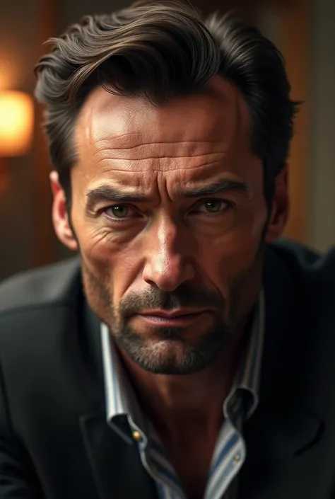 a portrait of hugh jackman, extremely detailed face, beautiful detailed eyes, beautiful detailed lips, longeyelashes, rugged masculine face, strong jawline, muscular physique, actor, hollywood celebrity, cinematic lighting, dramatic shadows, warm color pal...