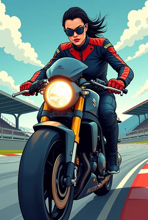 Woman with glasses on a race track motorcycle Suzuki SV650 kante leather suit Comic style