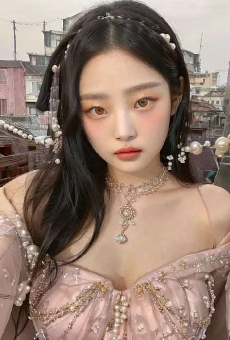 A close-up of a woman wearing a dress and a pearl necklace and golden eyes, jennie pink black, parque me, jia, Hwang Se - En, magazine scan, Shin Min Jeong, heonhwa choe, lee ji-eun, Lee Ji Eun, TaeJune Kim, Jiyun Chae, Yoshitomo Nara, kristal big breasts,...