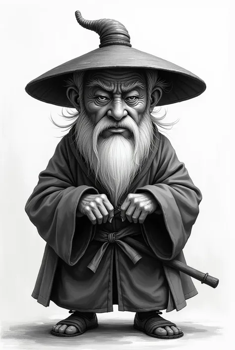 Chinese Master, little old man, UHD ,  2D drawing. black and white drawing. with hat. Bad man. 