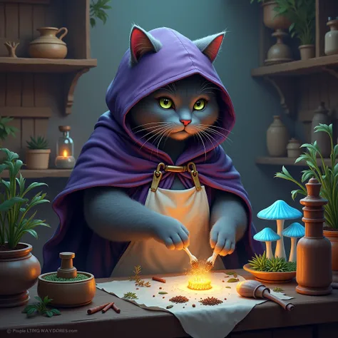 A dark gray fat British shorthair female humanoid cat, wearing a purple gypsy hoodie, long cloak and white apron, crafting herbs, medicine, lavender, glowing blue many tiny eyes mushrooms, oil, and many spices, intricate detailed digital painting, fantasy ...