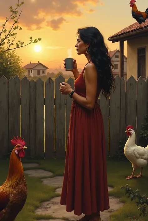 Create a mature lady standing sideways, white and latin, with black hair loose to the waist, with a cup of coffee in his hand, standing in front of a fence of a peasant yard, And around him there are ducks and a rooster mounted on the fence singing with op...