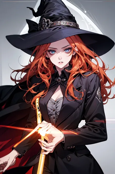 1 women, with ginger long hair and light blue eyes, with bitch face, cool vibe, cool clothes witch chains, vampire vibe, elegant black unbuttoned jacket, black background, high res, ultrasharp, 8K, masterpiece,
