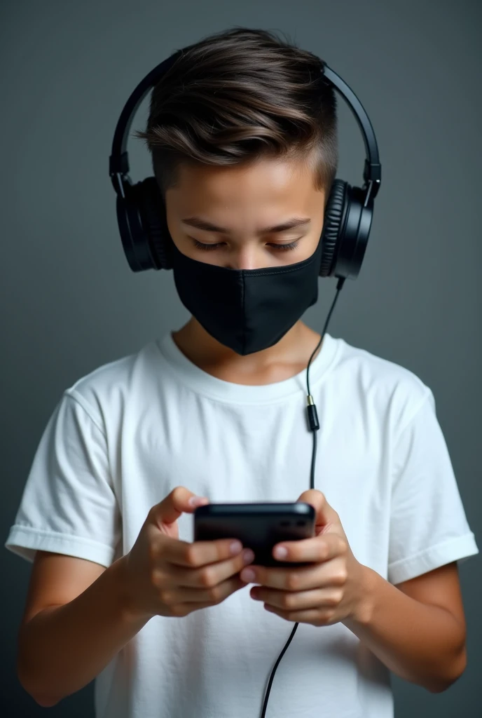 A boy who is wearing a white t-shirt, has headphones, has a black mask on his mouth, has stylish hair, is holding the phone in his hand in the style of landslide or playing PUBG, and is watching the game on his mobile Realistic front photo of that boy