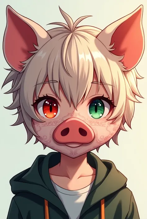 Anime one boy one eye red colour and eye green colour 
Full full full face pig mask 