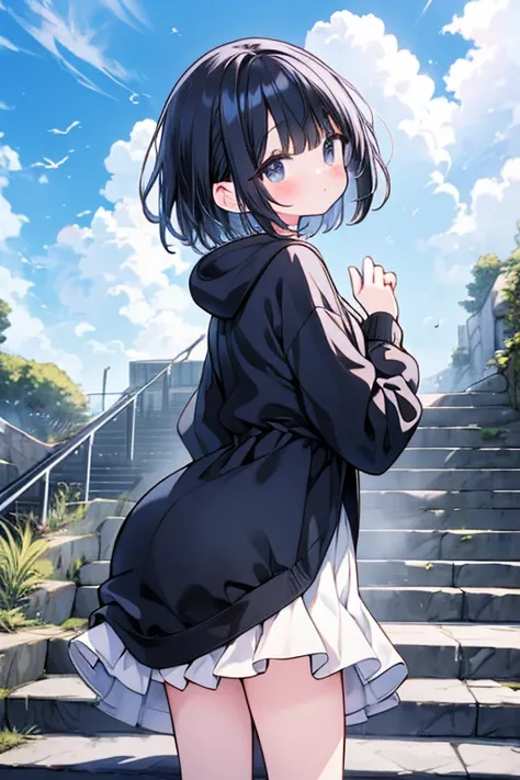 anime、((Amazingly absurd)),(masterpiece:1.2),超High resolution, Attention to detail, high quality, High resolution, 最high quality, 4K, 8k、Black hoodie、White Skirt、Black Hair、short hair、cute、Climbing the stairs、Stairs to a brighter future,Dazzling background...