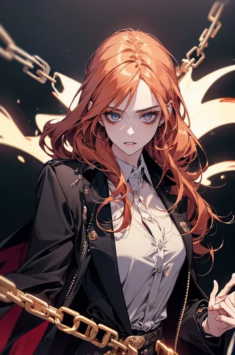 1 women, with ginger long hair and light blue eyes, with bitch face, cool vibe, cool clothes, chains, vampire vibe, elegant black unbuttoned jacket, black background, high res, ultrasharp, 8K, masterpiece,
