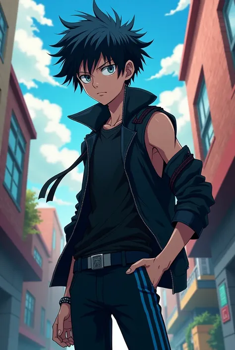 Sixteen year old boy black hair with navy blue streaks gray eyes marked physique and not so much muscles a black sleeveless jacket black pants with blue stripes messy hair a black t-shirt lives in My hero academia 