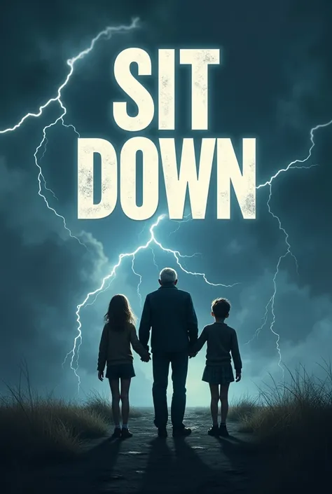 A large image that says written "Sit down" and you see an older person and two teenagers, a boy and a girl., the 3 of them with their backs turned holding hands and there are lightning bolts in the background 