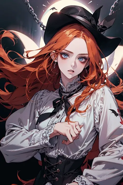 1 women, with ginger long hair and light blue eyes, with bitch face, cool vibe, cool clothes, chains accesories, vampire vibe, white blouse, black background, high res, ultrasharp, 8K, masterpiece,
