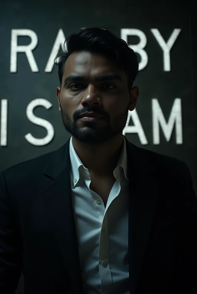 Create a highly realistic portrait of a 2 Bangladeshi man named  Rabby Islam , standing in a dark room . He is wearing a blackblazer and a white shirt . The lighting should be dramatic , focusing on his handsome face with a light stubble , giving him a rug...