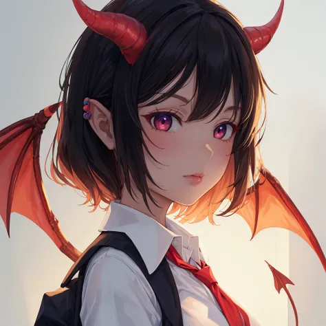 masterpiece, accurate, Highest quality, High detail, Simple Background, Setting diagram, Large Breasts, Girl Succubus, Devilish Taill, shcool uniform, shirt, button