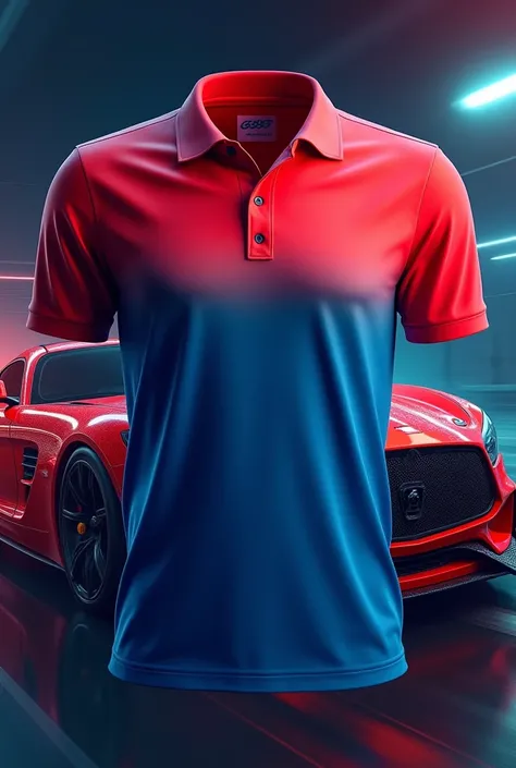 Red and blue gradient sports polo shirt and automotive images 