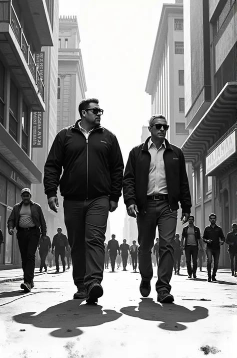 Two men, one fatter than the other, walking through the city of Montevideo in trashpolka style