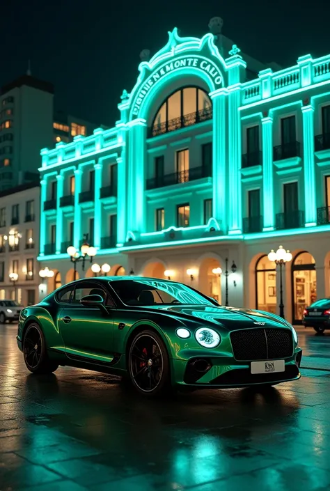 emrald green Bentley continental in monte carlo in front of a luxury hotel with blue neon lights at night in leftside view 