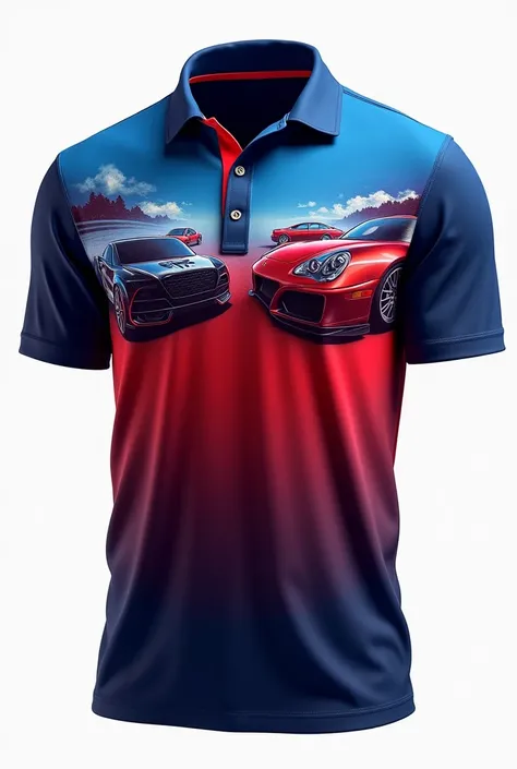 Sports polo shirt in red and blue gradient with automotive images on the chest