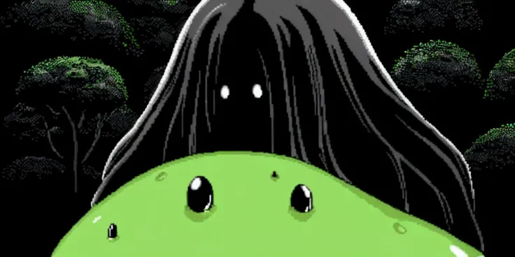 cute slime, Slime Shape, Black hands growing from my head, fog, In the forest, Black Sky, 