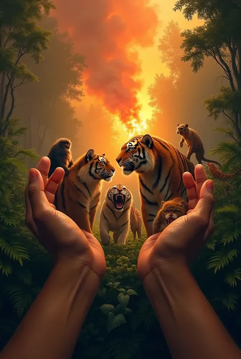 Hands helping jungle animals escaping a forest fire 