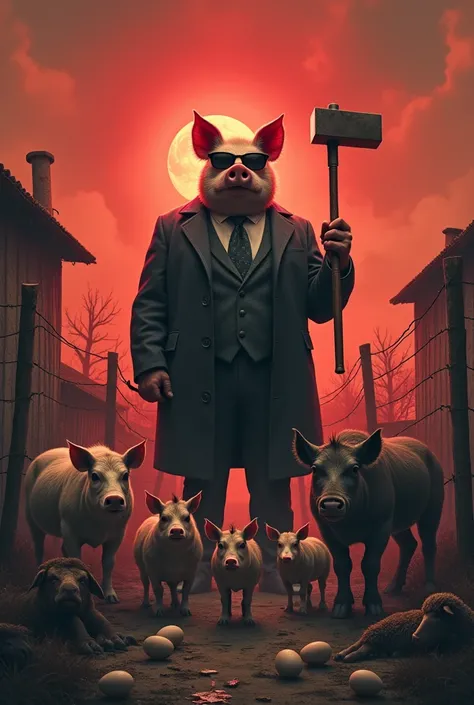 imagine a faint image of farm landscape with barbed wire and red sky and a angry rich pig  standing with whip and hammer and wearing sunglasses and clothes and 3 small pigs and some broken egg and shattered glass in corner and a tied horse with cows,hens,s...