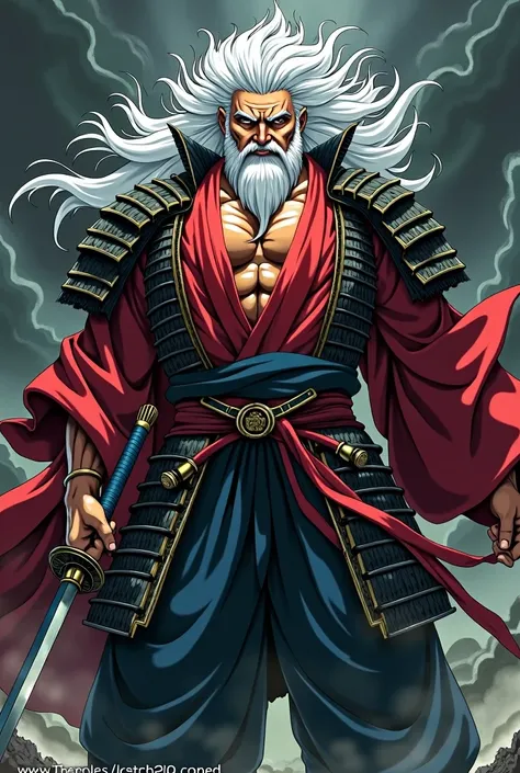 Badass manga type character with white hair, muscular, dressed as a samurai with a long beard 