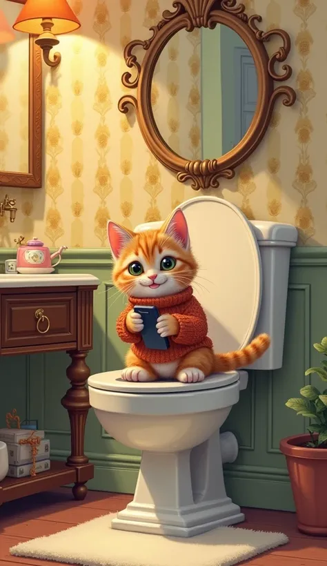 A cheerful kitten sits comfortably on a classic Victorian-style toilet, happily using its phone. The kitten’s eyes are bright and focused, with a wide smile on its face as it navigates the screen. Dressed in a cozy knitted sweater, the kitten looks complet...