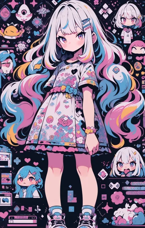 high quality、Colorful palette、high-level image quality、Kawaii girl、Unprecedented amount of drawing、Anime style、Geometric pattern background、In Sticker style、Long hair、Light pink hair、Purple Eyes, Diamond round hair, front, Strike a pose, hands Strike a pos...