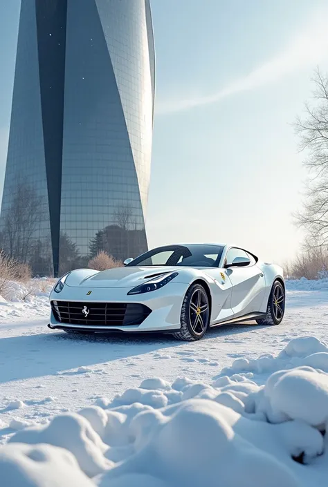 White  Ferrari Portofino in front of mirror tower in snow 