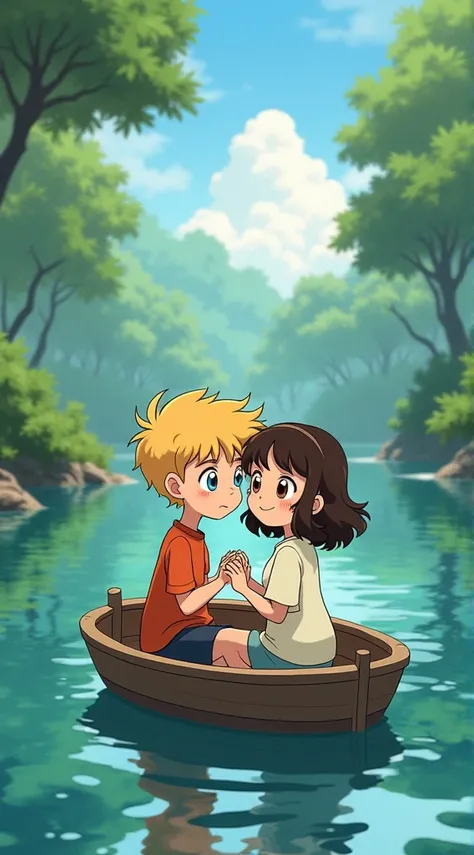 a ghibli character blond boy blue eyes with a ghibli character girl dark brown hair in a curly bob brown eyes on a boat they are in love