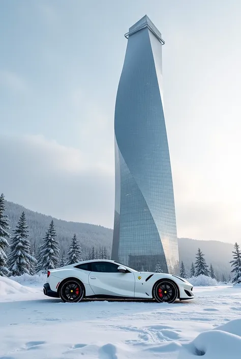 White  Ferrari Portofino in front of mirror tower in snow right side view 