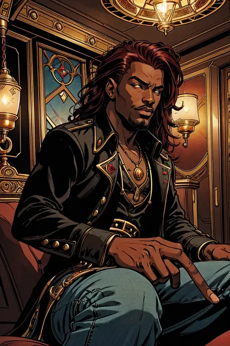 Young Black man, 23, with flowing crimson locks, clad in a noir steampunk shirt and Victorian denim trousers, lounging in the luxurious passenger cabin of a zeppelin, surrounded by plush velvet seats and art nouveau decor, creating an opulent and dreamy at...