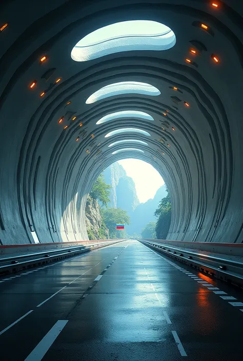 Long urban Tunnel highway with lights in the roof  and at the end there is a very beautiful environment in the exit and a medium visible Venezuelan flag