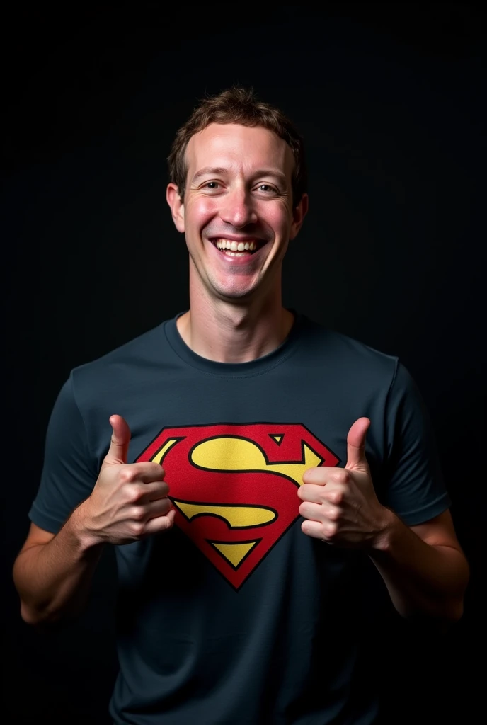 Professional photography, photo of Mark Zuckerberg in front of a black background, Superman T-shirt, he is a fashionista, professional pose, ele esta sorrindo, cinematic lighting, Hands pointing to the superman symbol