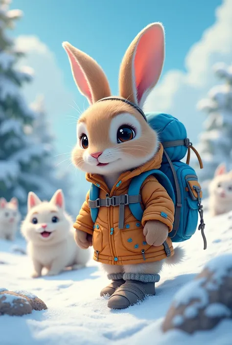 Rabbit with trekking dress with blue coloured trekking back pack with a background of snow and snow dogs around rabbit 