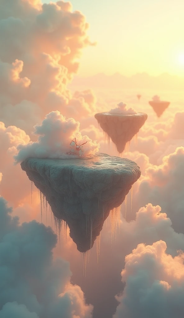 A surreal, floating landscape with islands in the sky, illuminated by a soft, golden light. Clouds swirl around, and the distant horizon fades into a dreamy pastel hue, creating a sense of peaceful fantasy.