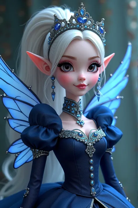 Imagem da filha da Faybelle Thorn e da Ginger Breadhouse de Ever After High: Must have white blonde hair in a ponytail with light blue highlights in the side bangs, pale grey skin, eyes browns, pointy ears, four small crystalline wings, gothic style clothi...