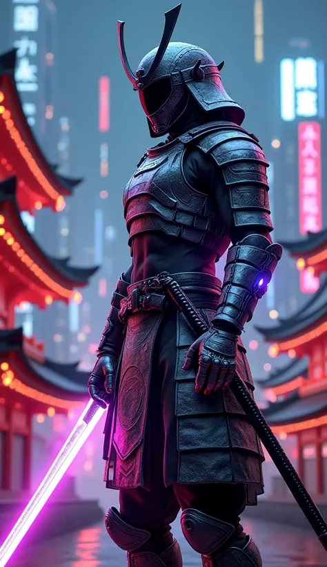 A sleek, high-tech samurai dressed in advanced armor made of glowing, metallic plates. The katana glows with energy, and the backdrop features neon-lit Japanese temples in a cyberpunk world.