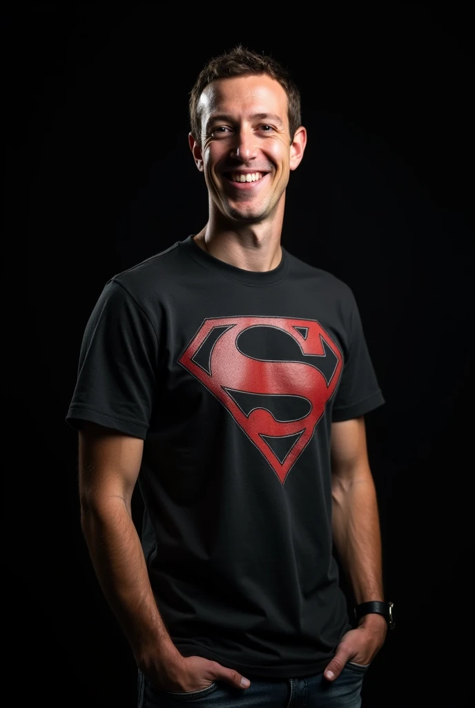 Professional photography, photo of Mark Zuckerberg in front of a black background, Superman T-shirt, he is a fashionista, professional pose, ele esta sorrindo, cinematic lighting.