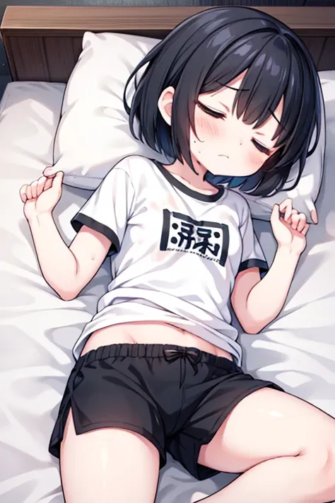 material、Thick paint、二日酔いで寝ているgirl、Pale face、Painful expression、limp face,Black Hair、short hair、T-Shirts、Shorts、girl、On the bed,Closed eyes, Frowning, Sweat,Sleeping on one&#39;s back in bed