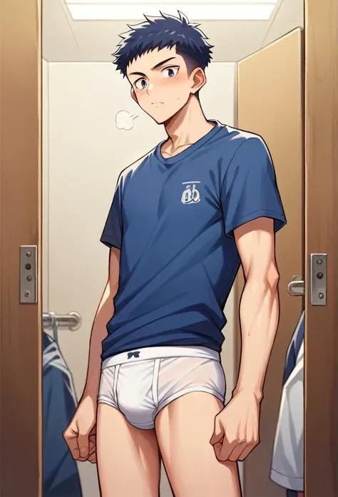 Anime, In the changing room, 1, nerd, slender and mascular man in his tighty whities. white briefs. Anime 