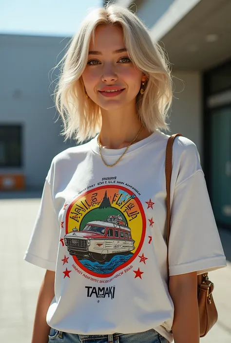 A white woman wearing a Tamaki brand t-shirts 