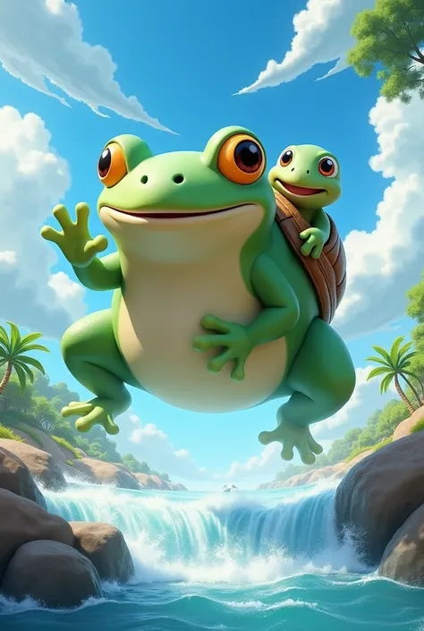 "The big, friendly frog with a smiling Kuki the turtle on its back, leaping over a rushing river under the bright blue sky."