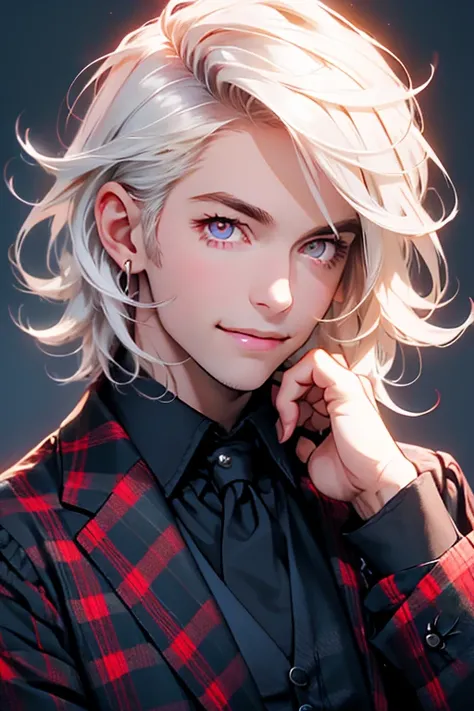 Perfect face. Perfect hands. A young white haired man with red eyes in a Gothic plaid suit is smiling while passing out a test in the classroom