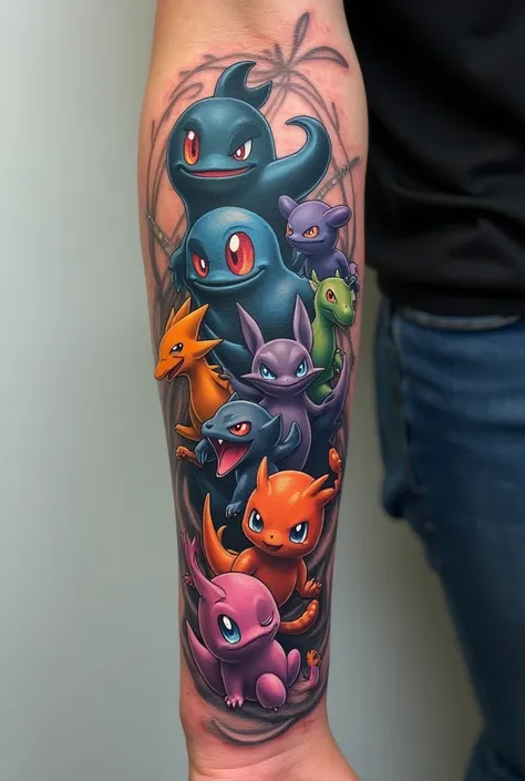 A forearm tattoo featuring the following Pokemon: toda a linha evolutiva do gastly. O chalizard, cyndaquill, umbreon, dradonair, it&#39;s a car, infernape, Lucario and Kingler