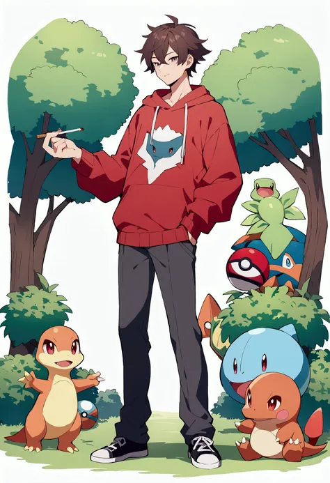 Make a young man stand up,fully body ( Male gender, 2d drawing with a line of a villain) a red sweatshirt and pants with details(keychains or things like that, with the pokemon theme) with messy hair and a cigarette in his hand in a garden, with a Charmand...