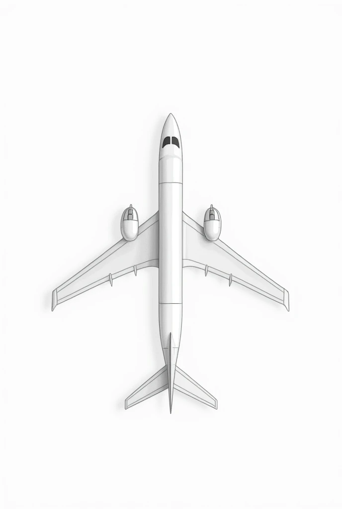 Black plane with a white background being seen from above like a drawing, being looked at completely from above like a 2D drawing of an airplane with a 4K image