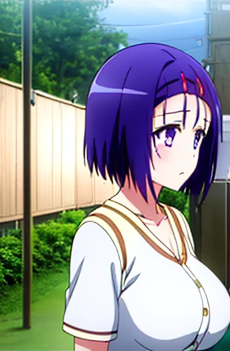 1girl, solo,  large breasts., empty eyes , haruna sairenji ,short hair, , purple eyes, blue hair, hairclip, big breasts, Abandoned amusement park、 file, crying ,flooding, abandoned hospital, fire, heavy snowfall, frozen, whole body, , lightning strike 