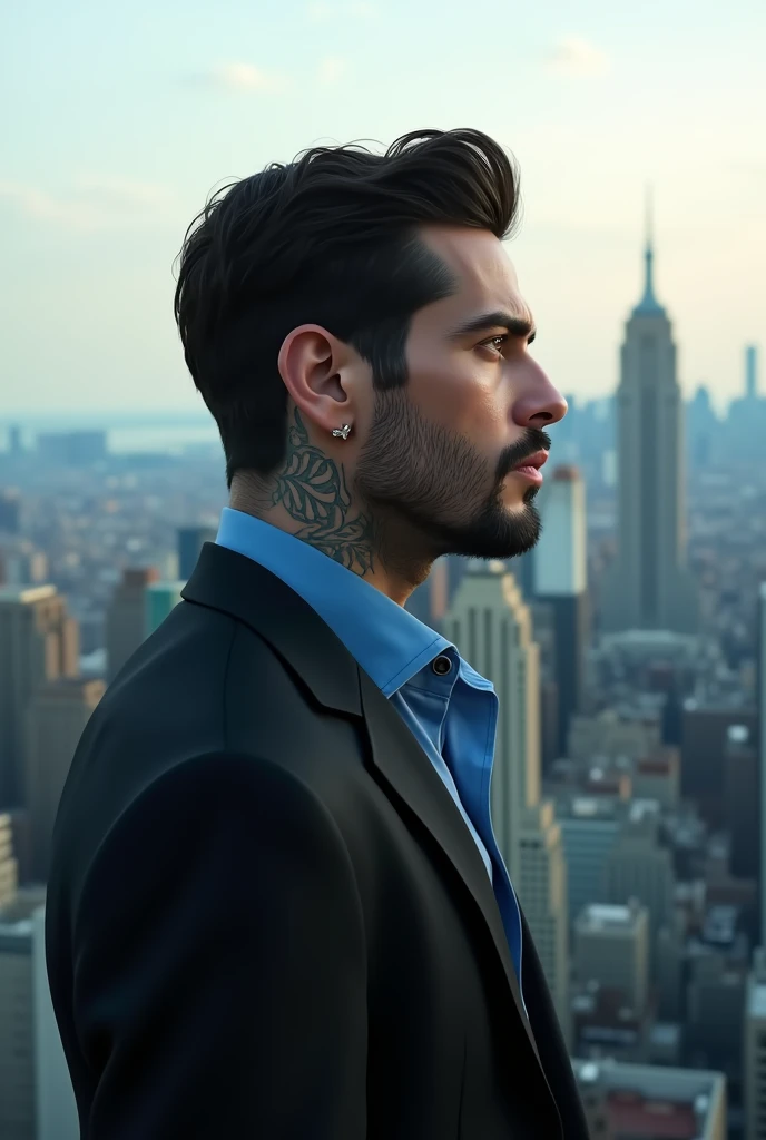 Gaspard ulliel with short black hair und baby blue eyes, wears a blue shirt with a black suite, standing and looks at the skyline of new york, soft face with full lips, hair slicked back, moon face, light brown skin, big eyes, light smile, three days beard...