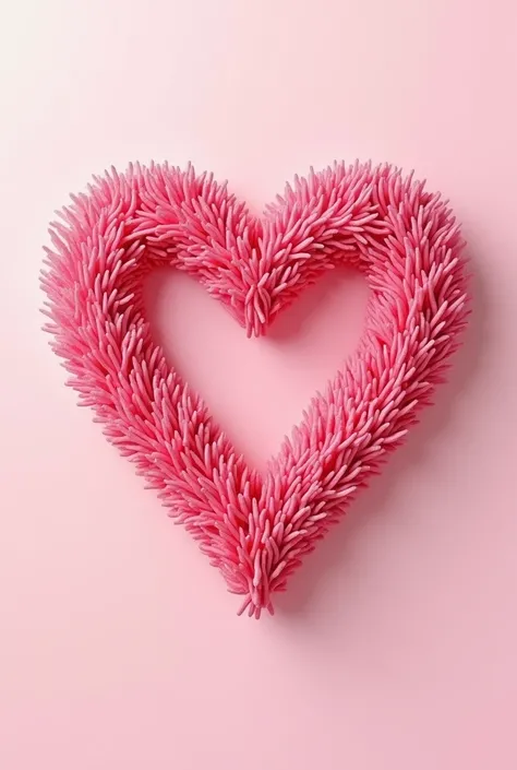 Leafy, symmetrical heart that looks like it&#39;s made of thick, short, pink woodcut hair strands filled with a light pink background 