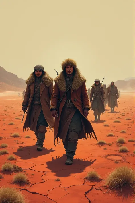 People in northeastern clothes walking on a dry, reddish plain